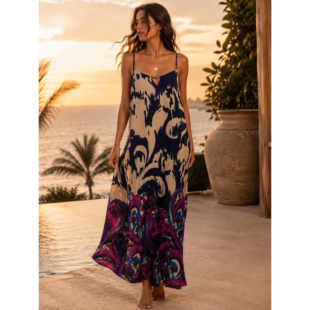 Single Silk Printed Maxi Dress Floral Abstract Small Flowy Feminine Whimsy